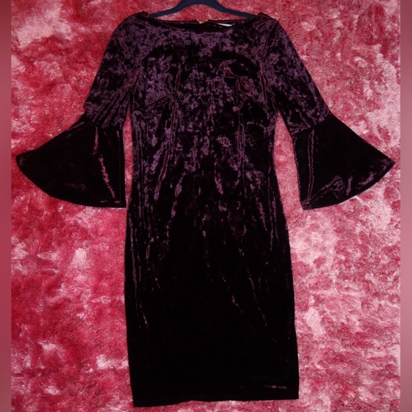 calvin klein purple bell sleeve dress STUNNING! Calvin Klein Cream Purple Black Floral Bell Flutter Sleeve Dress Sz 6